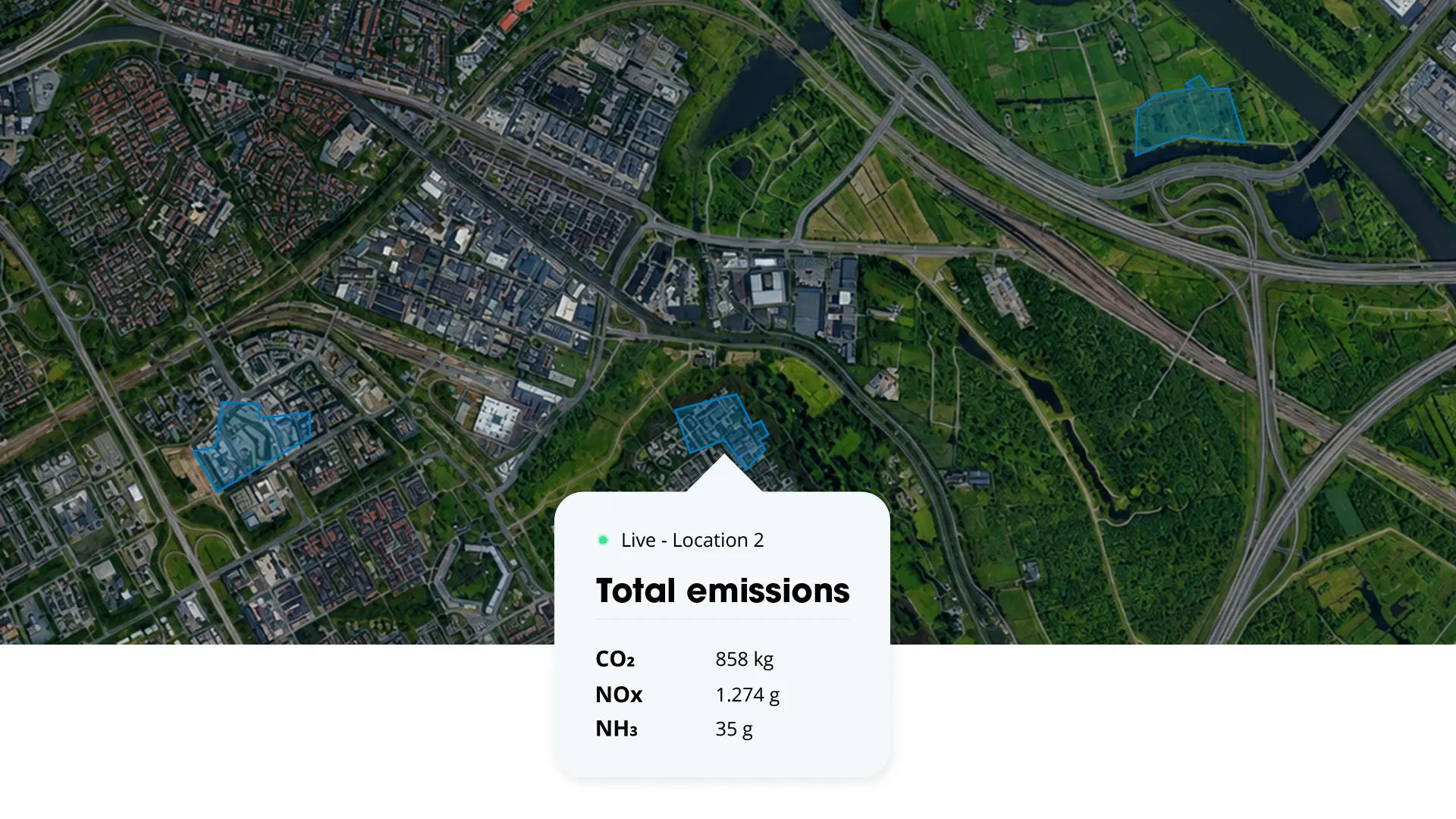 Satellite view with blue outlined locations and a Total emissions pop-up showing CO&sup2;, NOx and NH&sup3; for Location 2