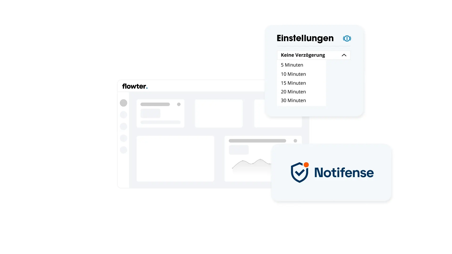 Flowter Dashboard mit Einstellungen f&uuml;r Meldekanal Telefon, SMS, Telegram oder E-Mail und dem Notifense Logo