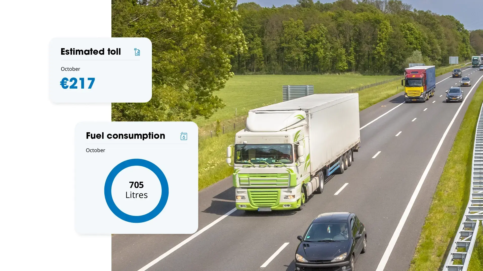 Truck on the motorway with Flowter cards showing the indicated truck toll and fuel consumption