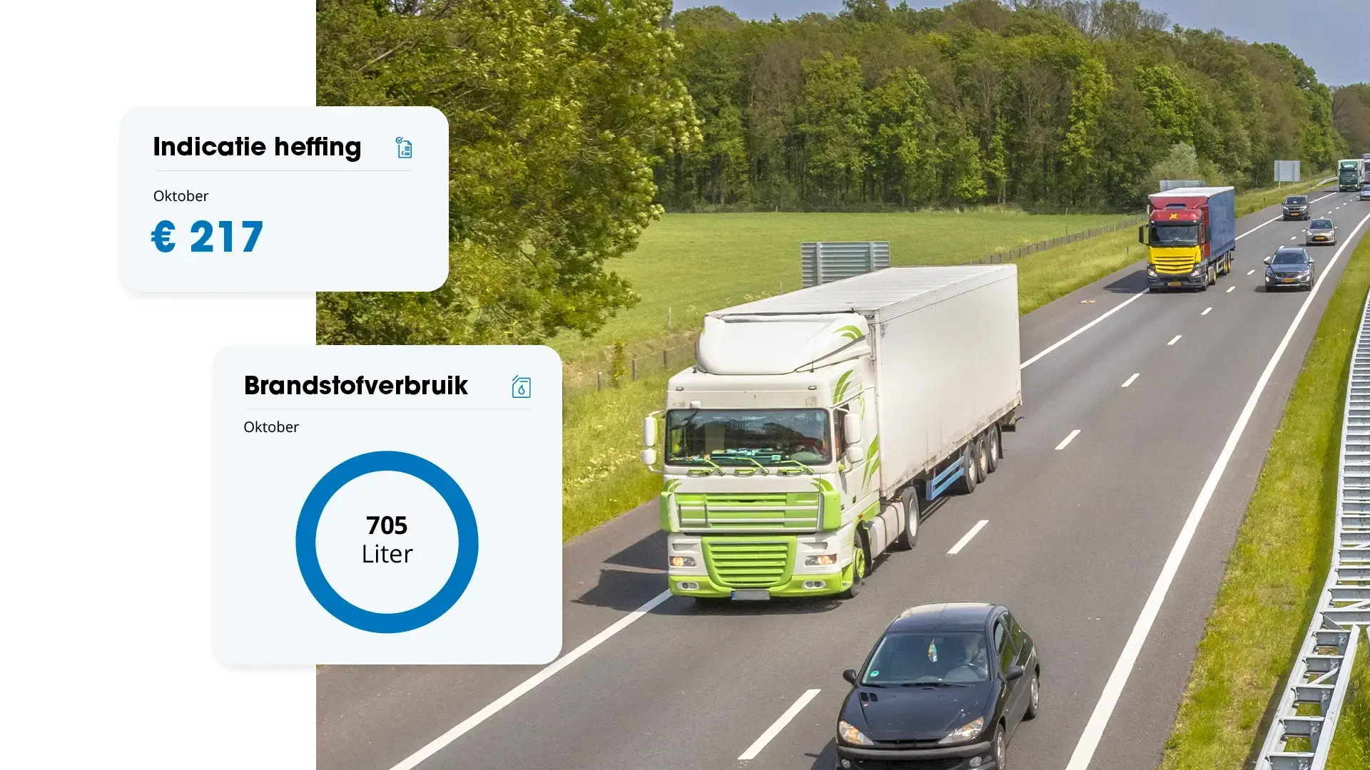 Lkw auf der Autobahn mit Flowter-Karten, die die voraussichtliche Lkw-Maut und den Kraftstoffverbrauch anzeigen