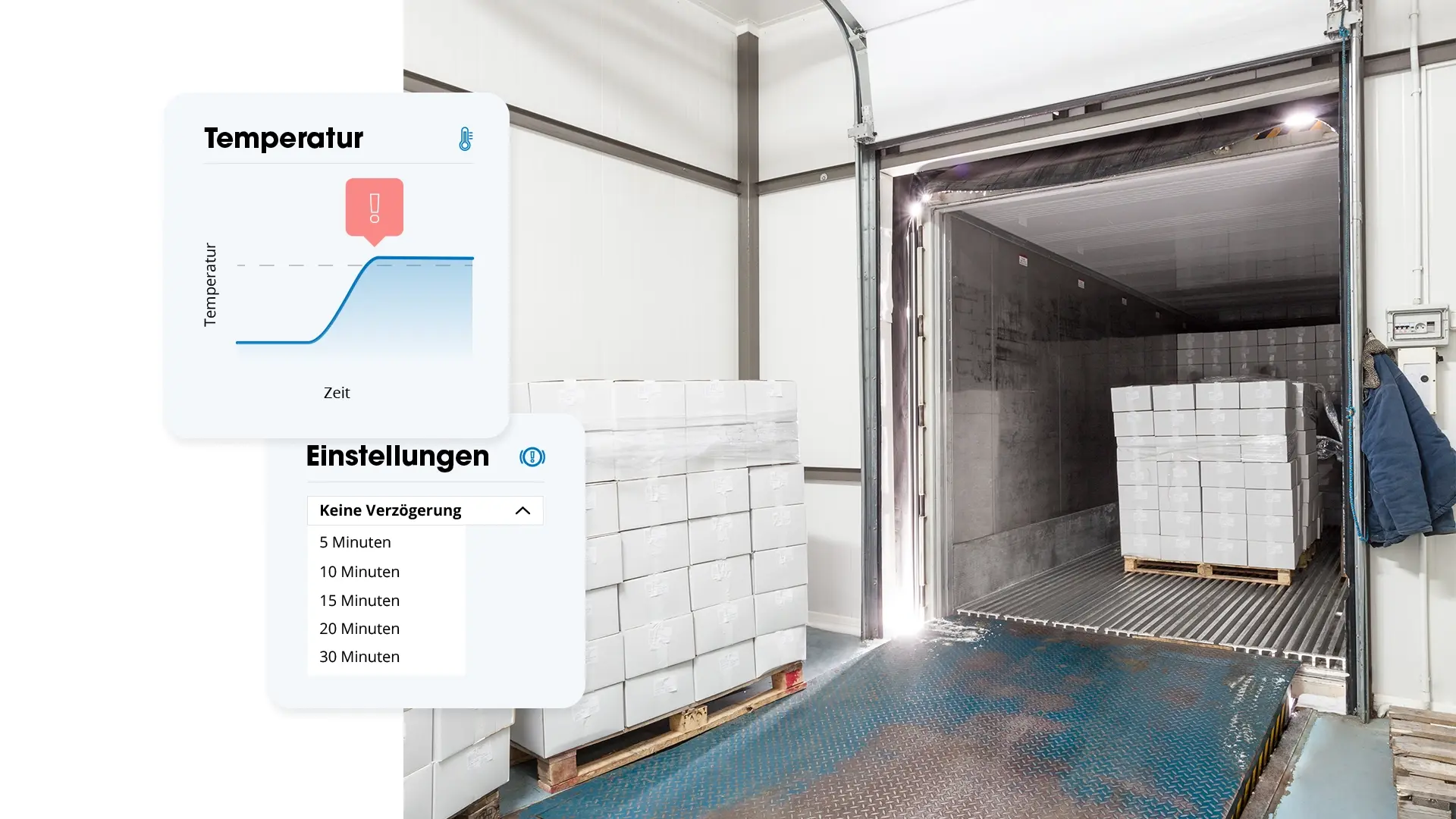 Laderampe eines K&uuml;hlraums mit Paletten, Temperaturkurve &uuml;ber dem Grenzwert und Einstellung f&uuml;r Meldungsverz&ouml;gerung