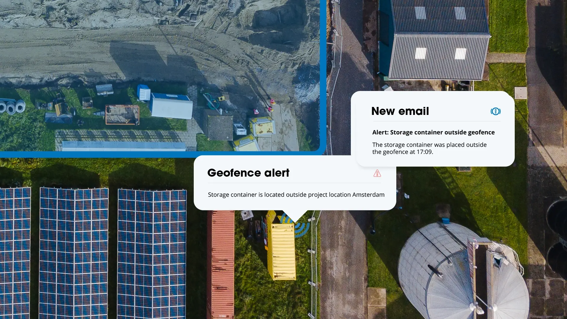 Aerial view of a construction site with a yellow storage container outside the geofence, with geofence and email alerts