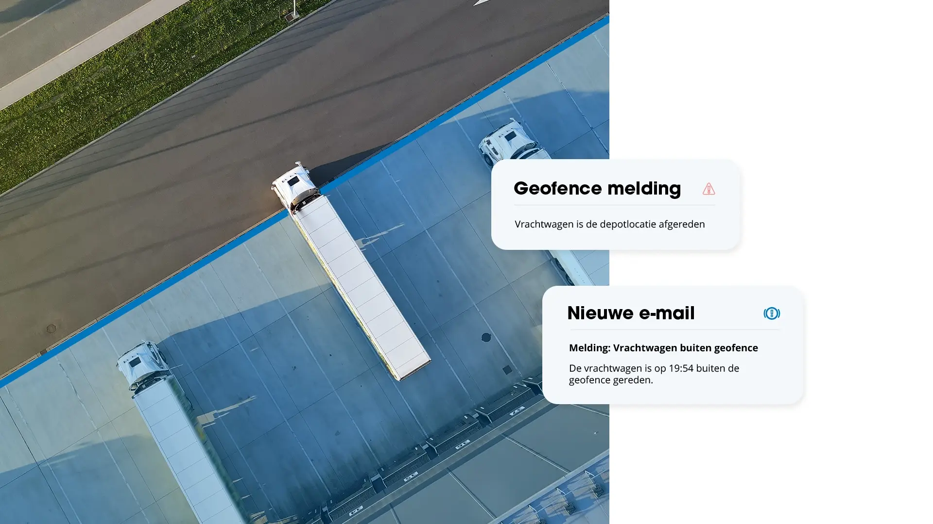 Luchtfoto van vrachtwagens bij een distributiecentrum met een geofence melding en e-mail dat een vrachtwagen het depot verlaat