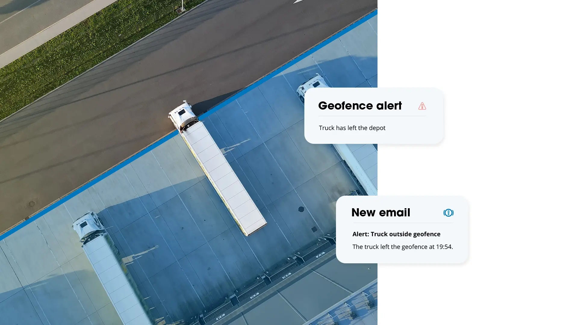 Aerial view of trucks at a distribution centre with geofence and email alerts that a truck has left the depot