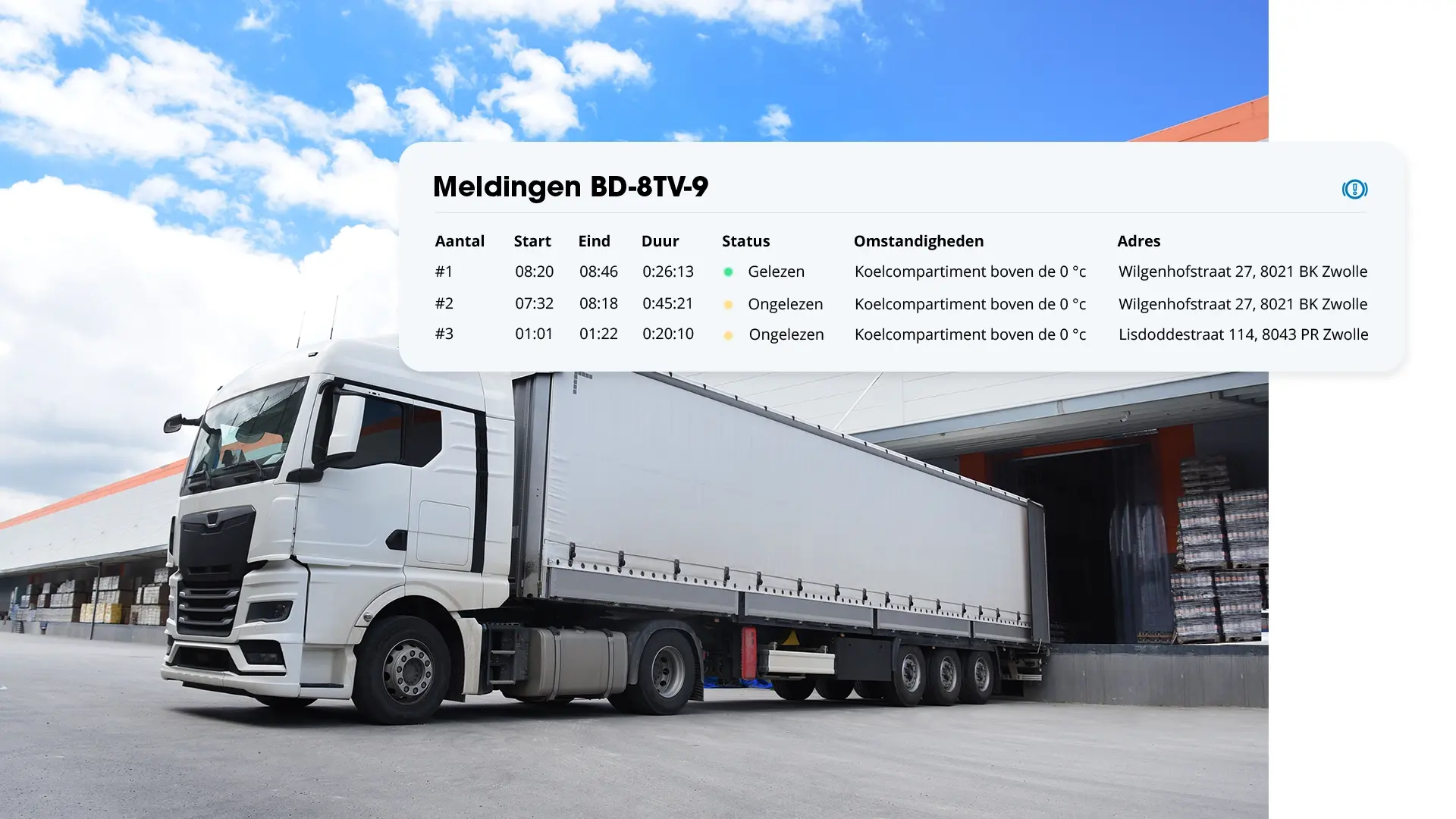 Lkw an einer Laderampe mit Flowter &Uuml;bersicht der Temperaturmeldungen mit Zeiten, Dauer, Status und Adresse