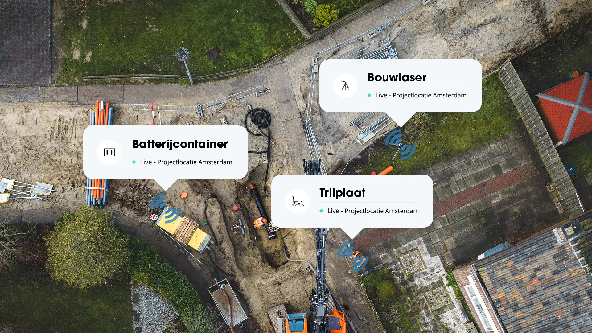 Bouwplaats van bovenaf met assets