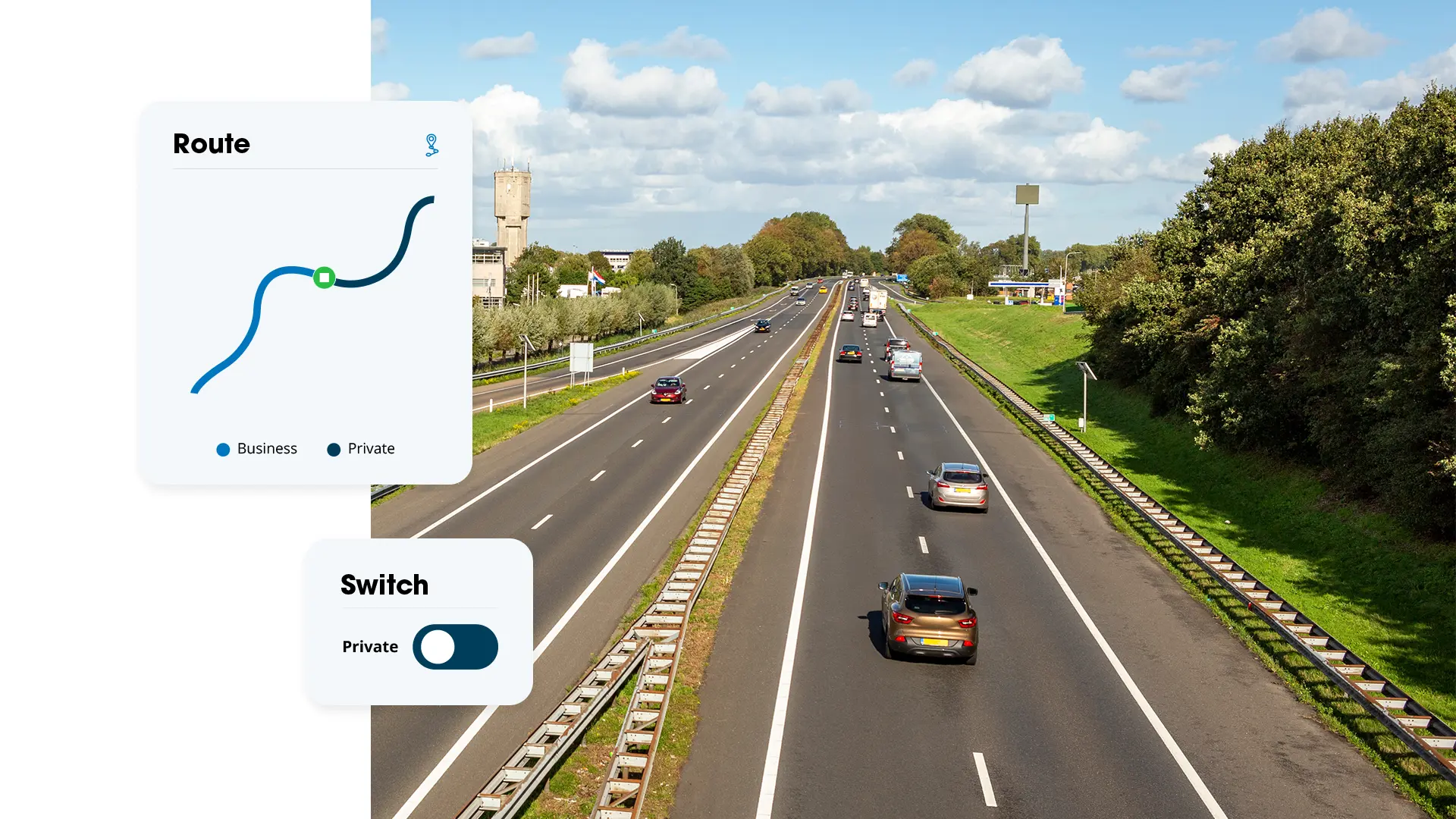 Highway with a truck and cars, with an overlay of a route map showing business and private trips and a switch to mark a trip as private.