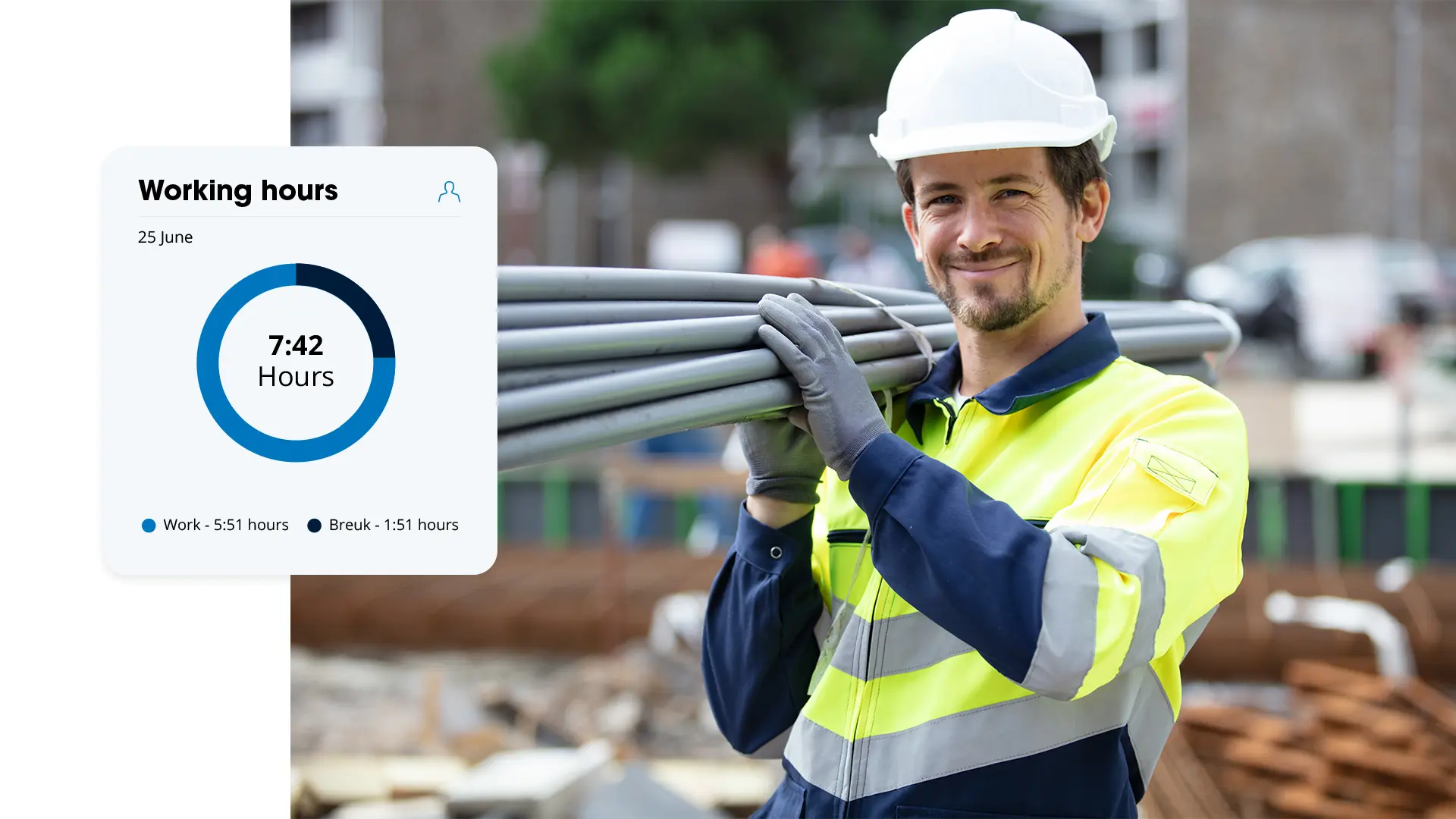 Construction worker in helmet and safety jacket carries pipes on his shoulder, with an overview showing 7:42 hours of work and break