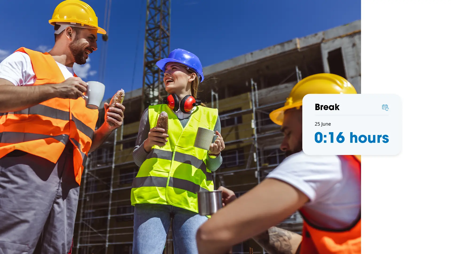 Three construction workers in helmets and safety vests drink coffee and eat during a break, with an overview showing 0:16 hours of break