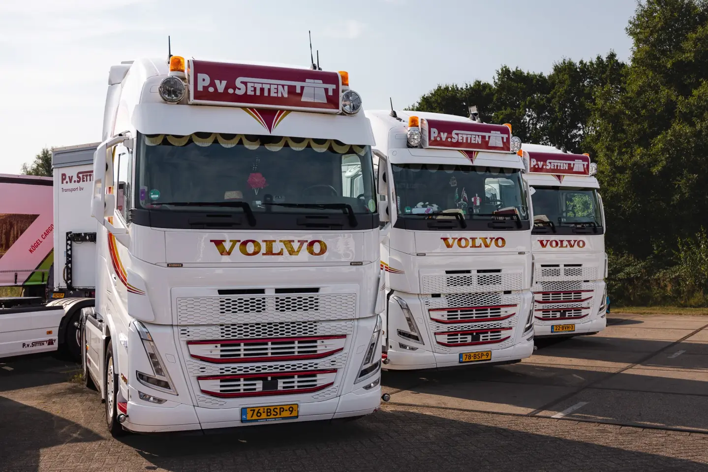 Drie witte Volvo-trucks van P. van Setten schuin naast elkaar geparkeerd op een terrein