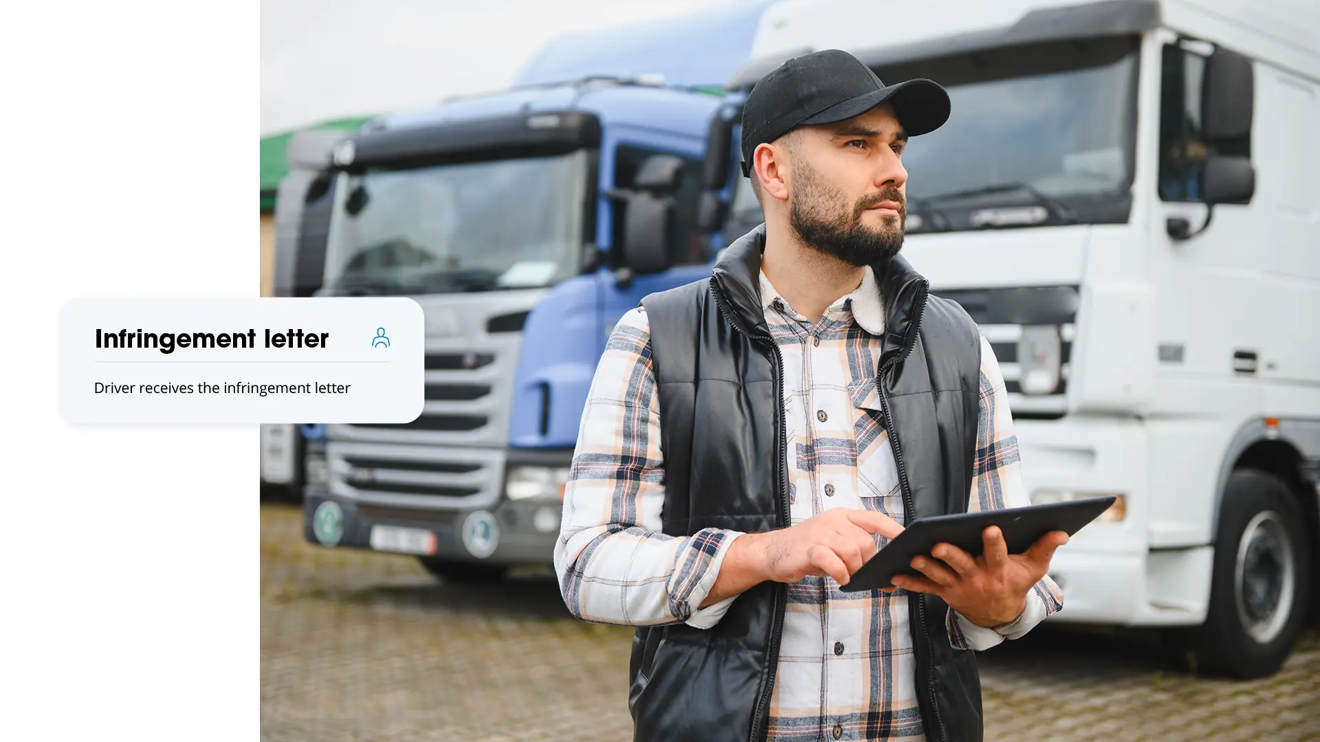 Bearded driver wearing a cap stands holding a tablet in front of parked trucks, with a GPS-Buddy widget indicating the driver receives the violation letter