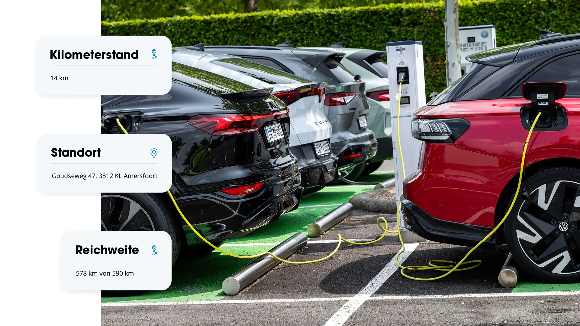 Elektroauto mit Kilometerstand, Standort und Reichweite