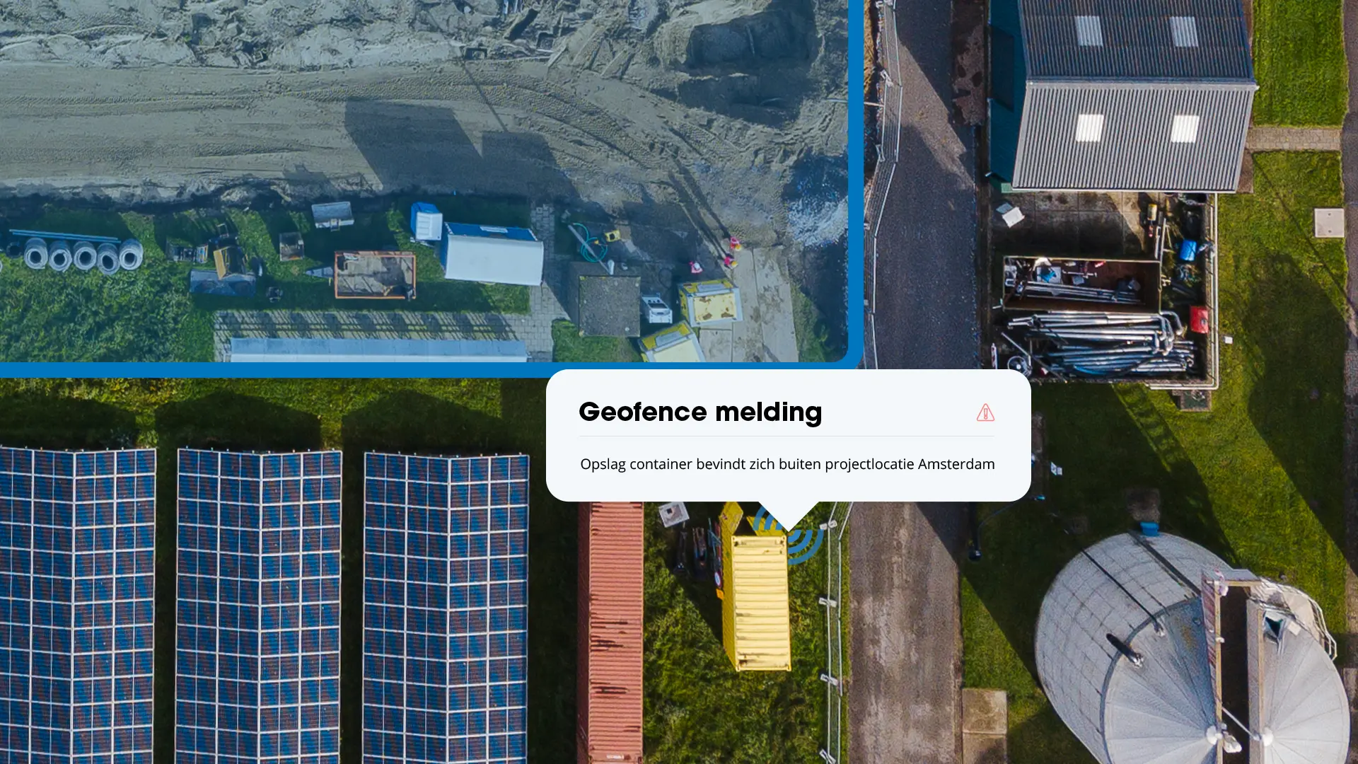 Luchtfoto met zonnepanelen en gele opslagcontainer, met waarschuwing dat de container zich buiten projectlocatie Amsterdam bevindt