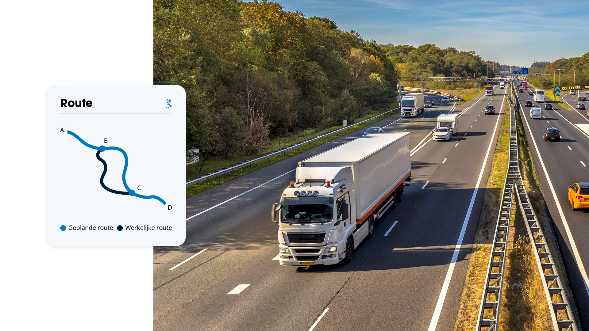Vrachtwagen op de snelweg met overlay van een routekaart waarop de geplande route en de werkelijk gereden route naast elkaar worden getoond.