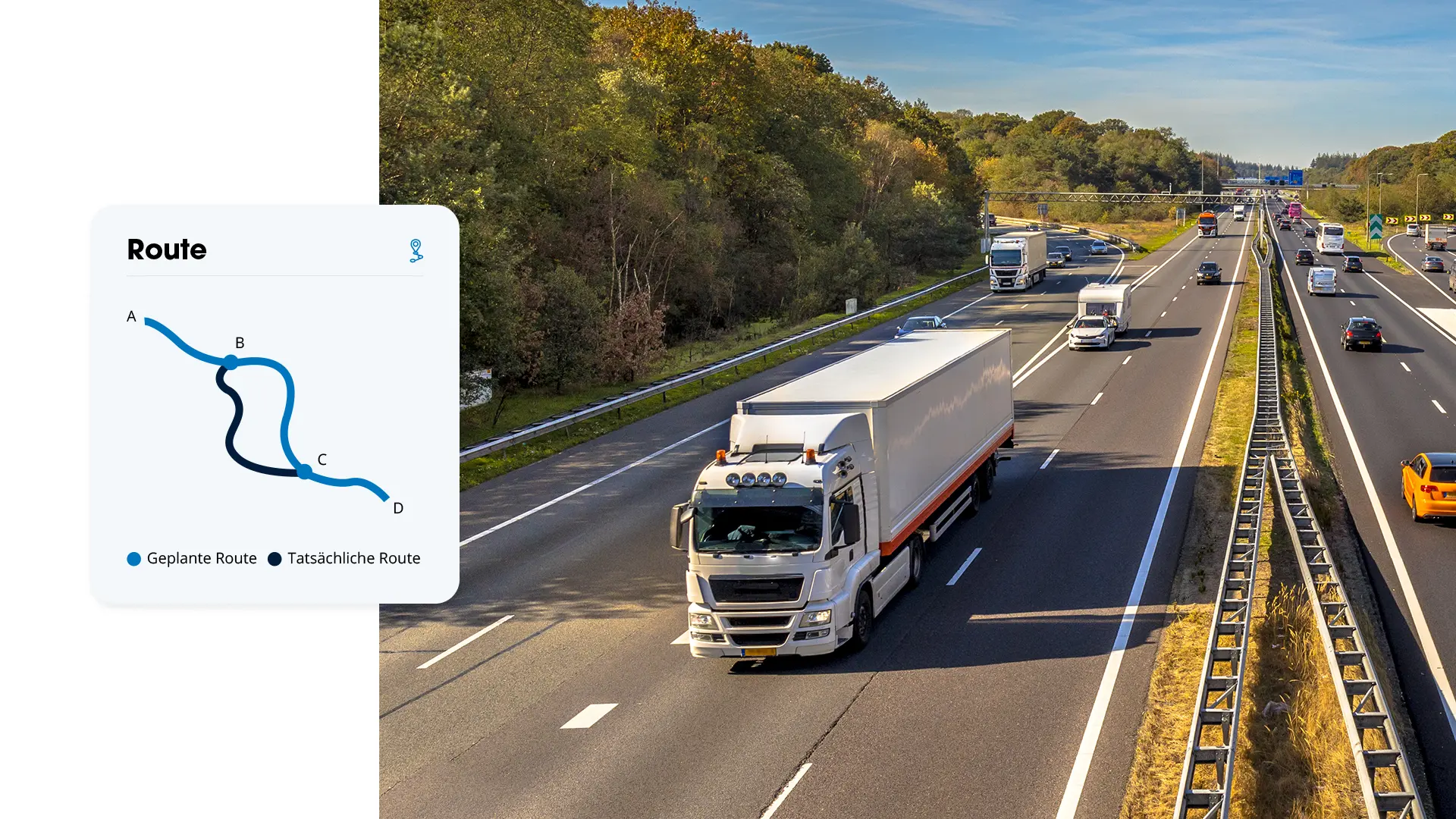Lkw auf der Autobahn mit einer Routenkarte, auf der die geplante Route und die tats&auml;chlich gefahrene Route nebeneinander dargestellt werden.