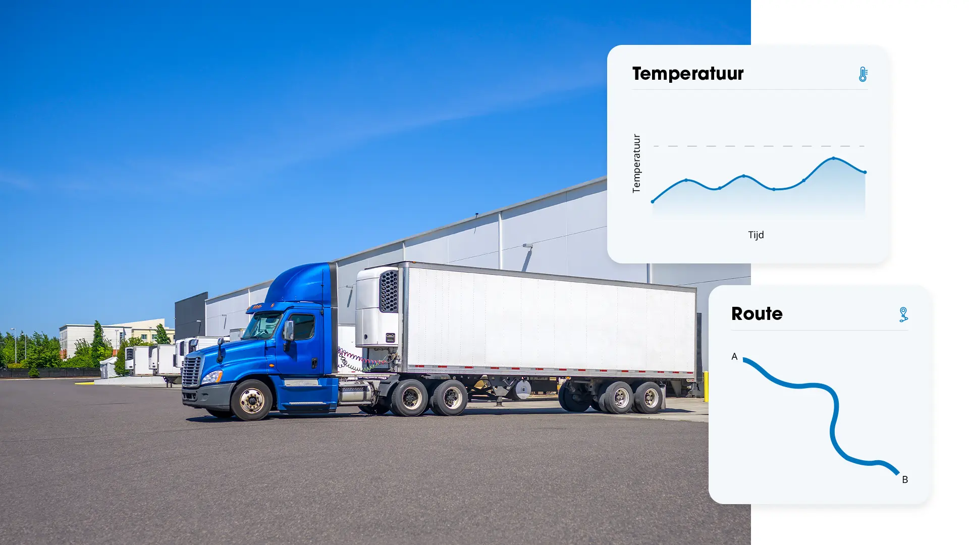 Blauwe koelvrachtwagen bij een loods, met dashboards voor temperatuurverloop over tijd en de gereden route van A naar B