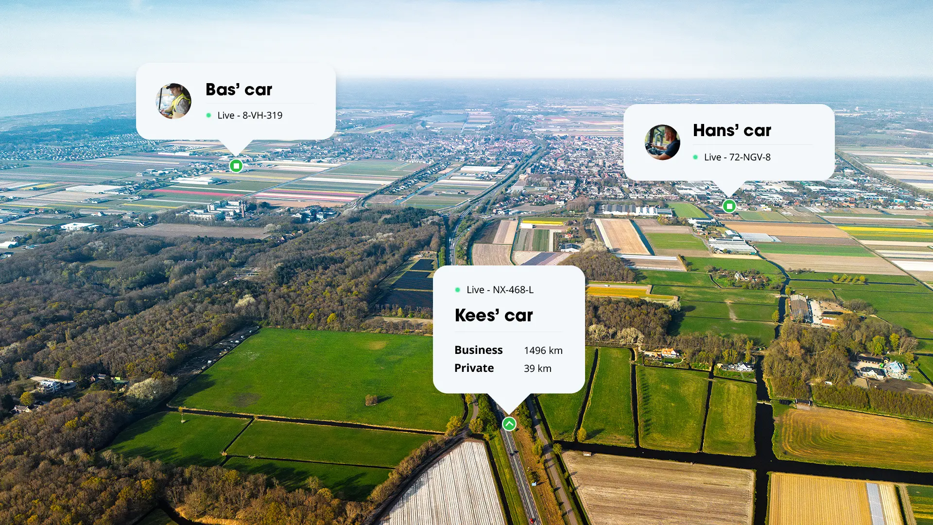 Aerial view of a landscape with map markers and driver names for three vehicles, showing live location and license plate.