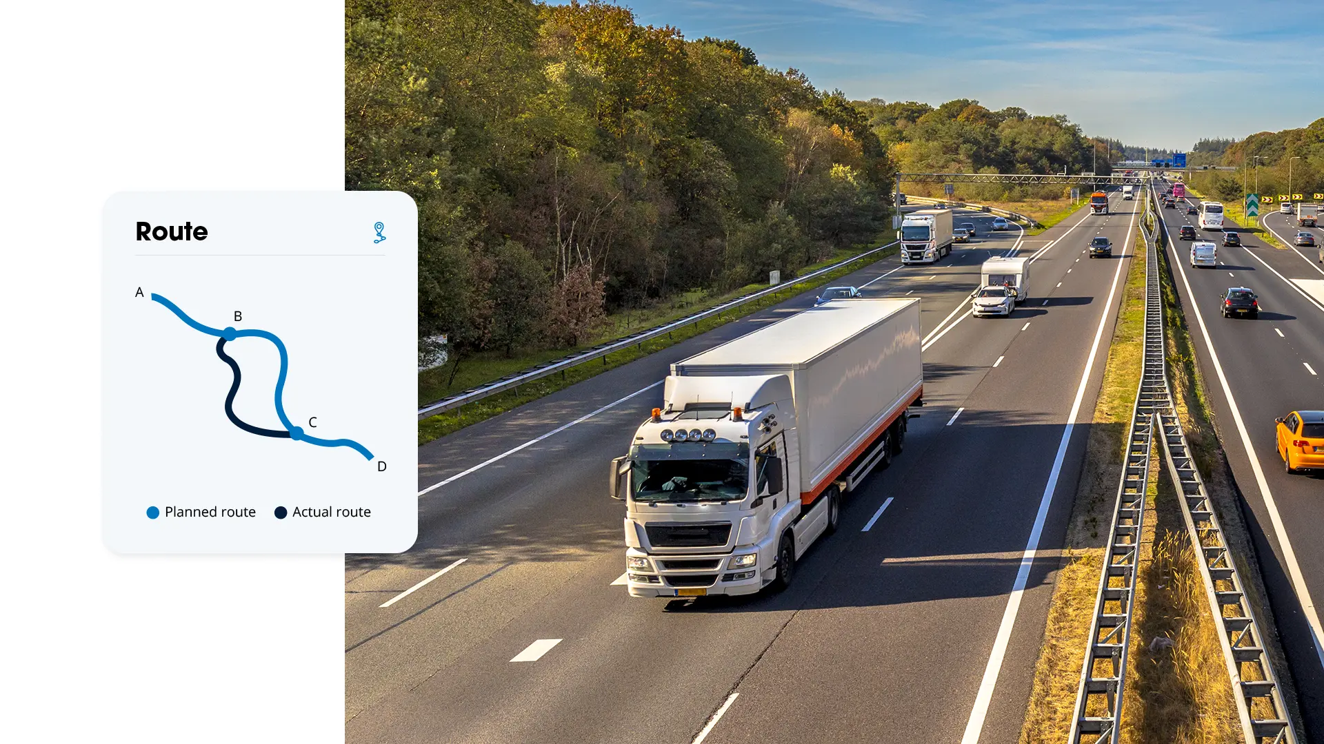 Truck on the highway with an overlay of a route map showing the planned route and the actual driven route side by side.