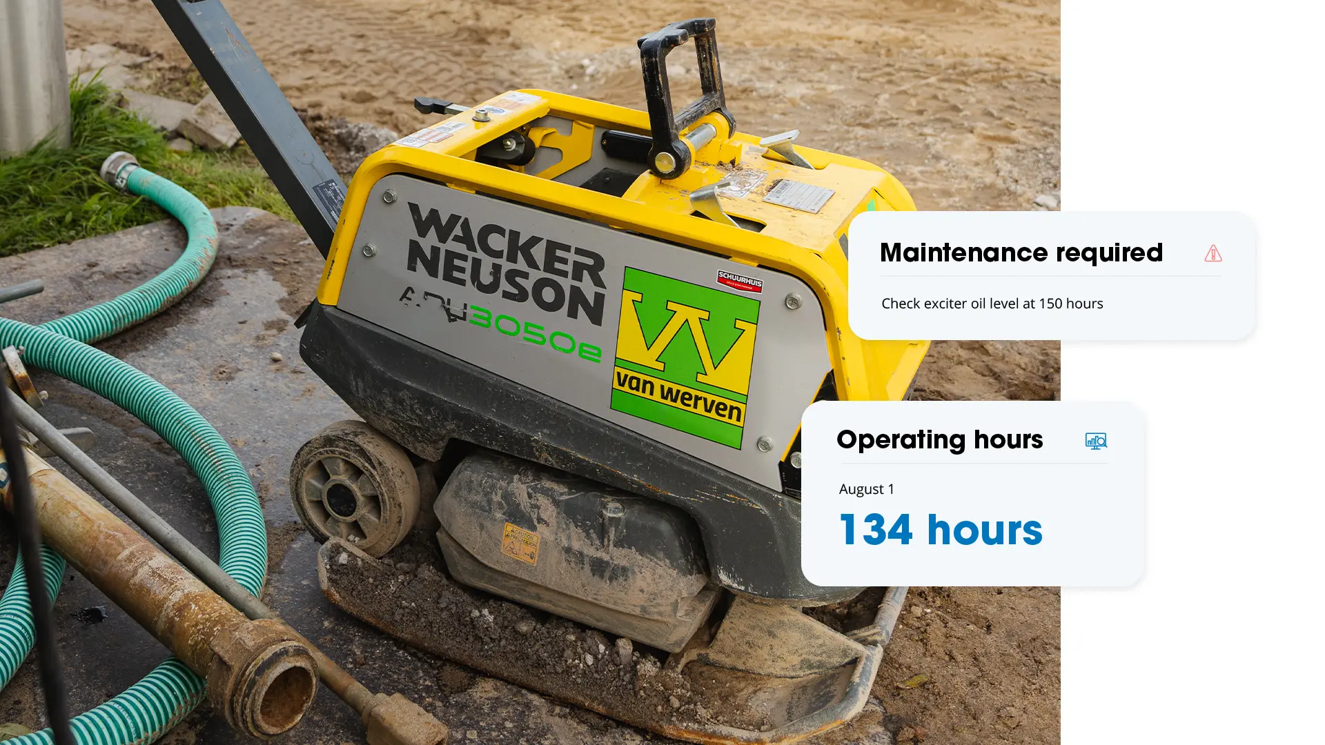 Yellow Wacker Neuson plate compactor on a construction site with cards showing 134 operating hours and required maintenance
