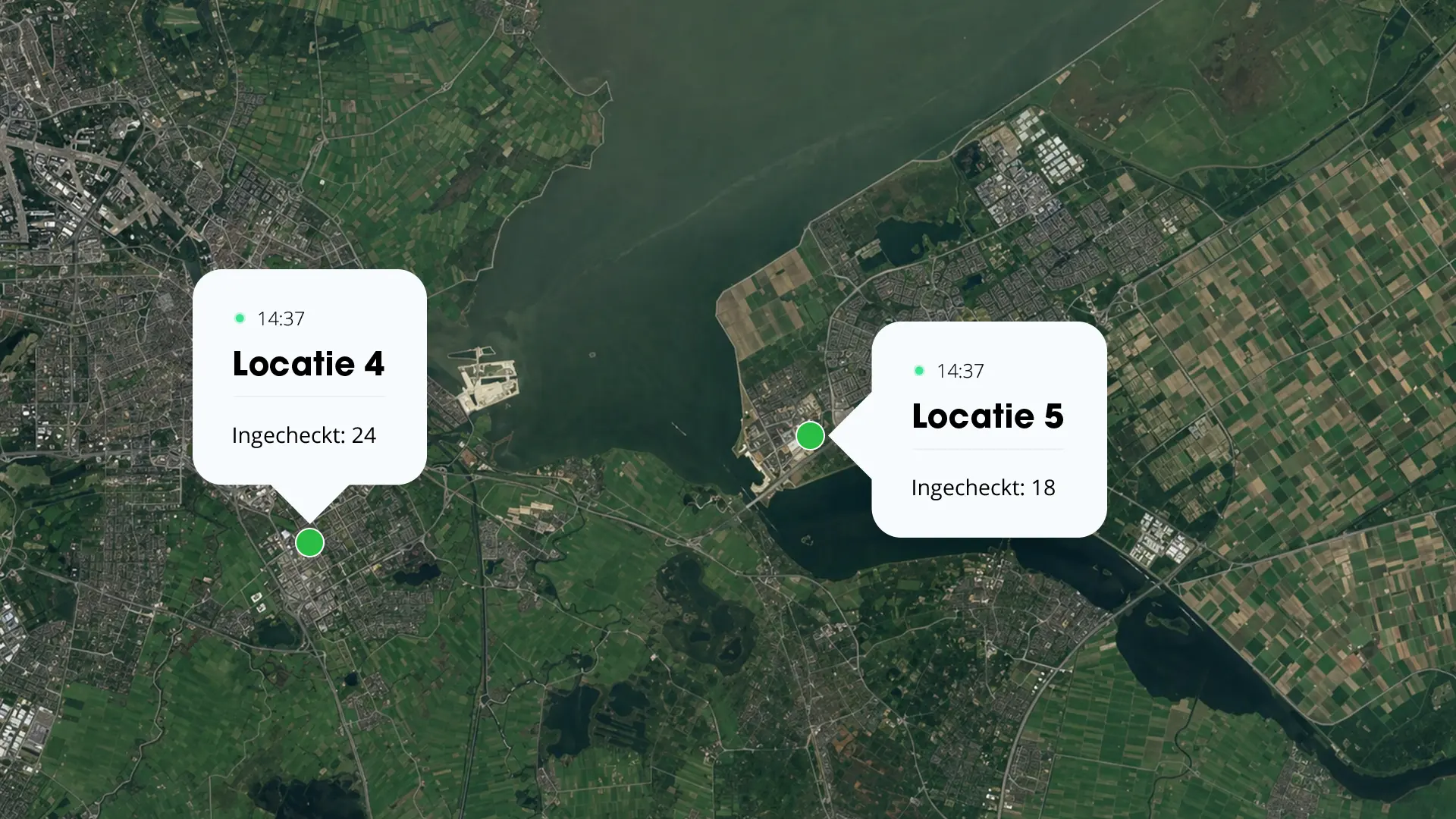 satellietkaart met locaties en ingecheckte personen