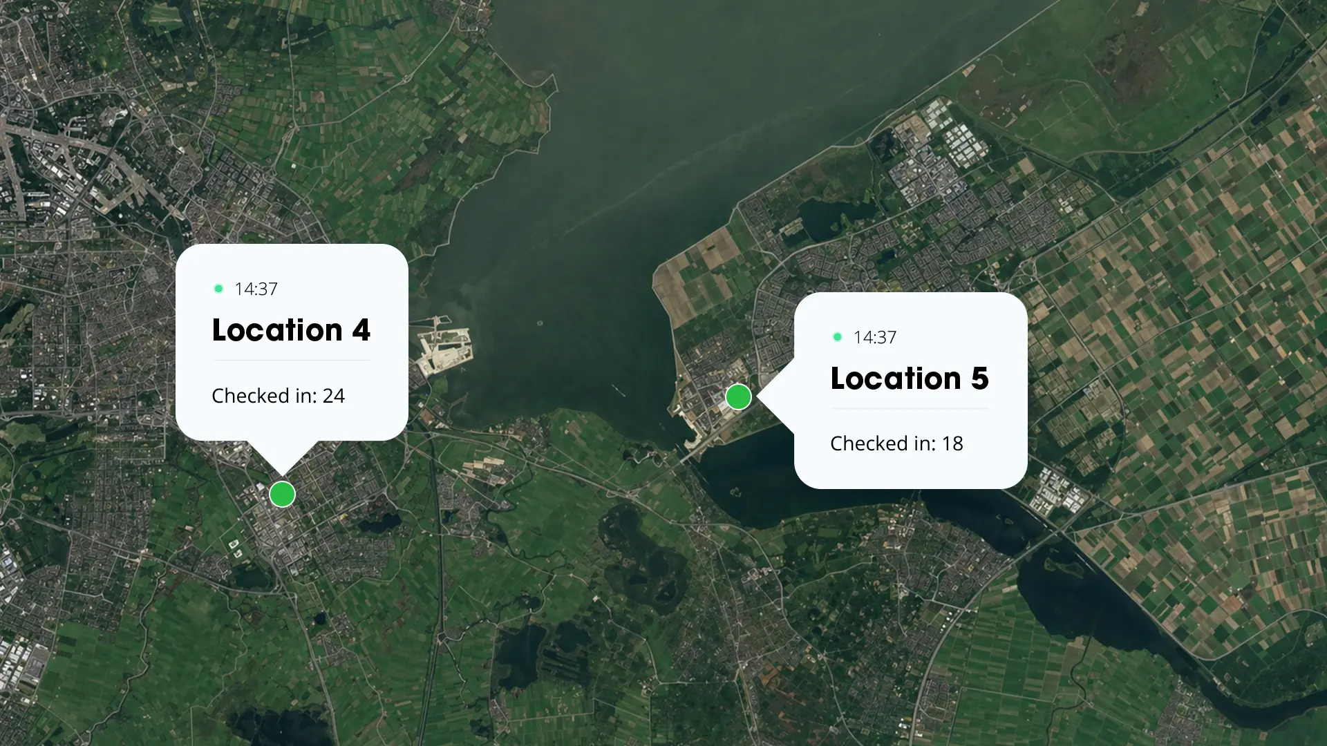 Satellite image of a map showing two active GPS locations, Location 4 and Location 5, each with a green status indicator, a 14:37 timestamp, and the number of checked-in employees.