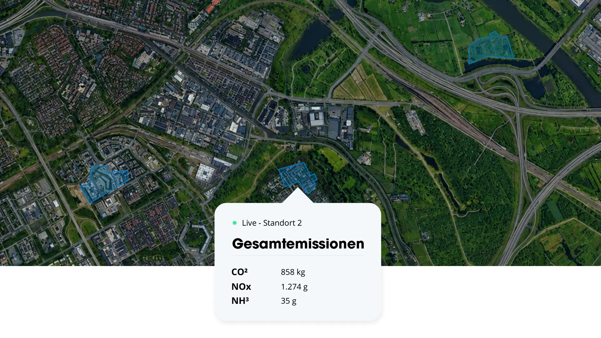 Satellitenbild eines Gebiets mit blau umrissenen Standorten, mit einem Pop-up &bdquo;Gesamtemissionen&ldquo;, das CO&sup2;-, NOx- und NH&sup3;-Werte f&uuml;r Standort 2 zeigt.