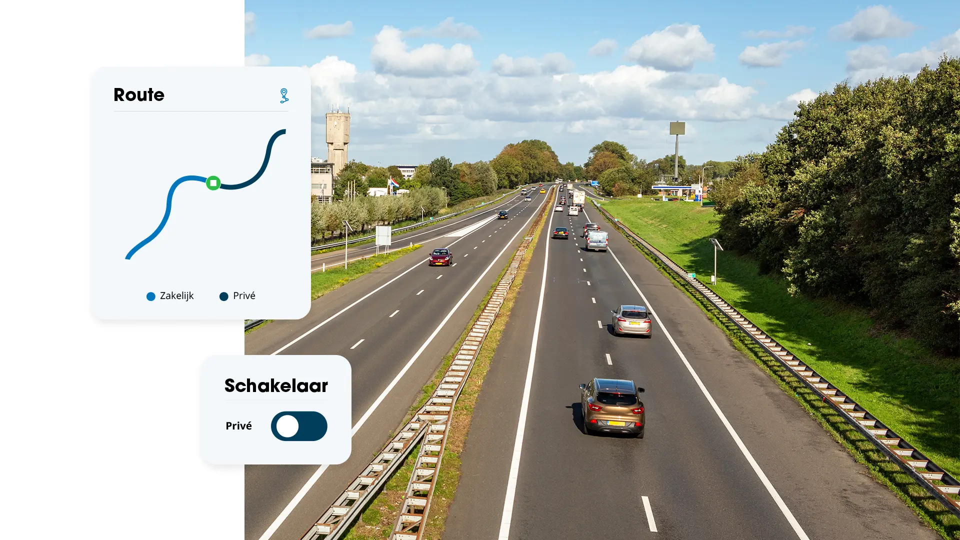 Snelweg met vrachtwagen en auto's, met overlay van een routekaart met zakelijke en priv&eacute; ritten en een schakelaar om een rit als priv&eacute; te markeren.