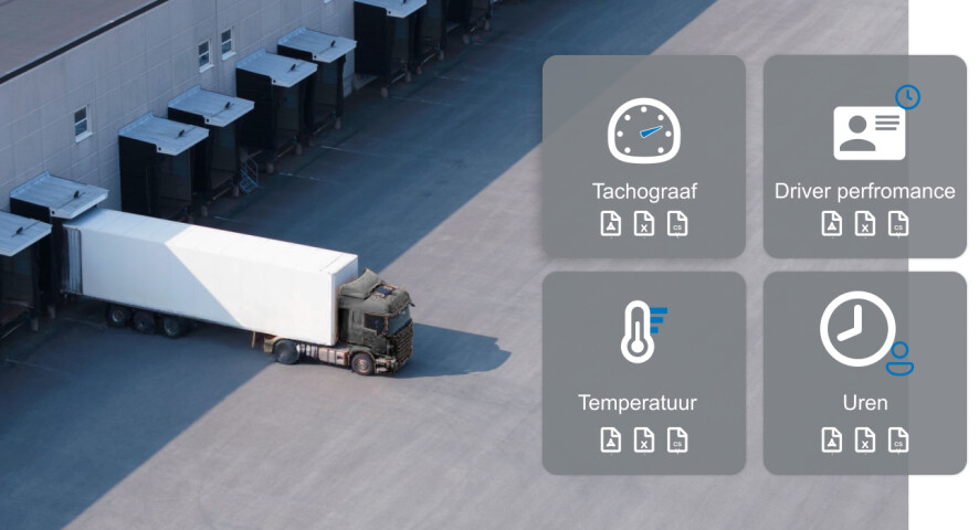 Truck docked at a warehouse loading bay, featuring digital overlays for tachograph, driver performance, temperature, and hours tracking