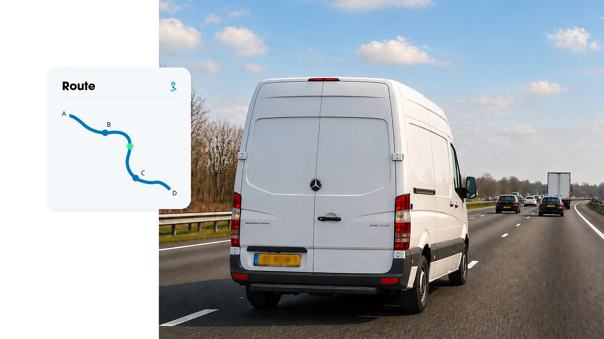 Bestelwagen van achteren op de snelweg met overlay van een routekaart die de actuele locatie tussen start- en eindpunt toont.