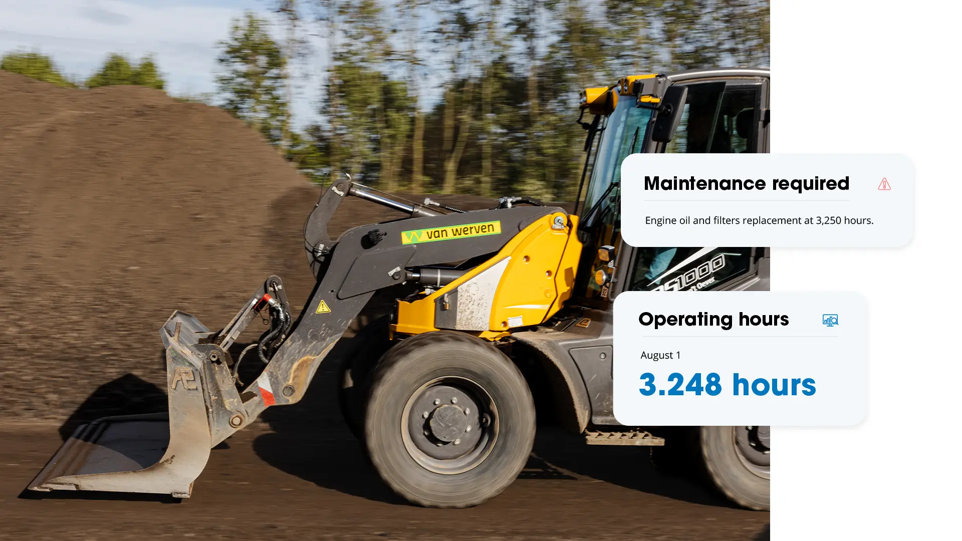 Yellow van werven wheel loader on sandy terrain with cards showing 3,248 operating hours and required maintenance